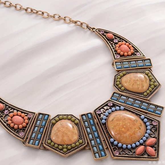 Beaded, Jeweled Vintage Inspired, Bohemian Geometric Statement Necklace - Picture 2 of 7